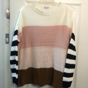Color block sweater with striped sleeves
